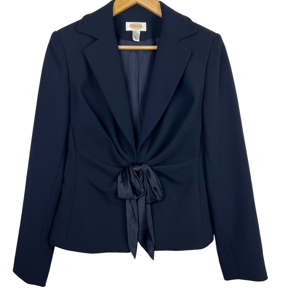 Talbots Snap Silk Bow Closure Ruched Front Navy Blue Lined Blazer 8 Career